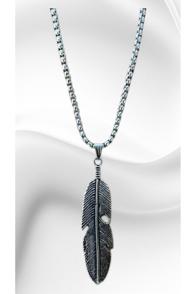 GnelD Feather Patterned Model Men's Silver Color Gift Necklace