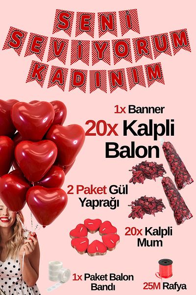 Baloncu Dede 20 κόκκινα μπαλόνια καρδιάς 20 κεριά Σ 'αγαπώ Γυναίκα μου Γραμμένο πανό Συμβατό με ηλίου για την ημέρα του Αγίου Βαλεντίνου