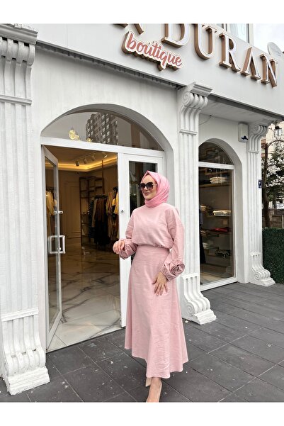 KAHMA COLLECTİON KADIN KETEN PUDRA PEMBESİ ETEKLİ TAKIM