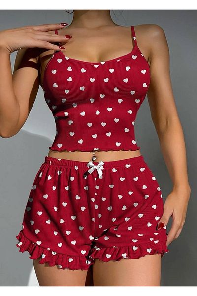 MEYLİYA Red Strappy Pajama Set with Mini Shorts - Love Ribbed Heart Camisole