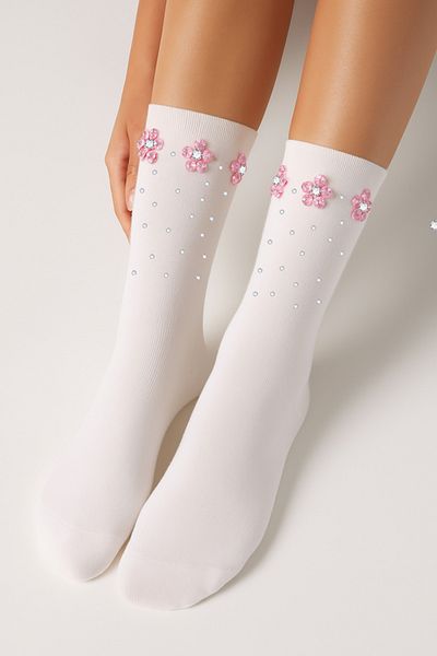 Özlem Bamboo Extra Soft Premium Women's White Pink Crystal Bead Stone Detailed Socket Socks