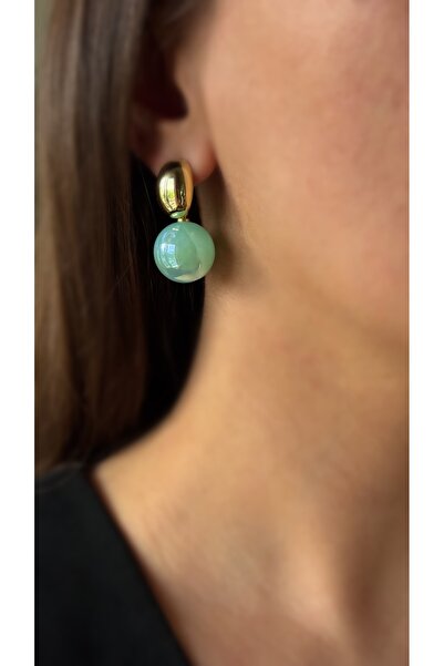 Soles 14 Ayar altın rengi turkuaz sedef kaplı sallantılı top Çelik küpe