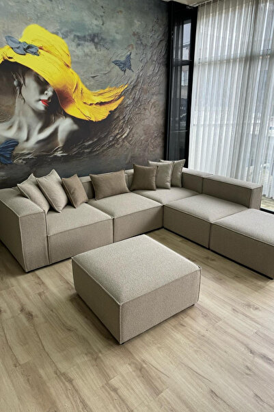 Erduran Mobilya Angelo 4 Modül + 2 Puf Köşe Koltuk Takımı (6 Modül) Bukle Kumaş