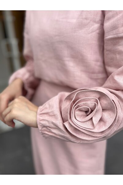 KAHMA COLLECTİON KADIN KETEN PUDRA PEMBESİ ETEKLİ TAKIM