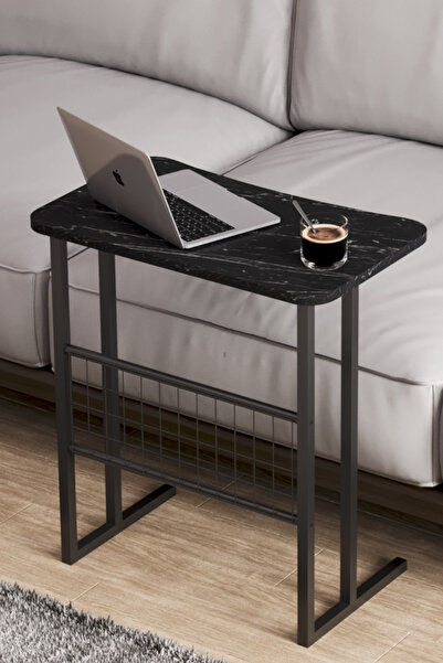 interGO حامل كمبيوتر محمول بأرجل معدنية وطاولة مقعد وطاولة إفطار وطاولة دراسة - نمط رخام أسود
