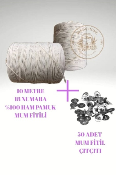 MİSSEHOME Mum Fitili 10 Metre %100 Saf Pamuk İpi + 50 Adet Fitil Sehpası Çıtç...