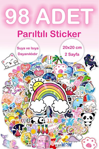 Grafikup 98 Adet Parıltılı Sticker Seti - Kalem Laptop Defter Suluk Etiketi