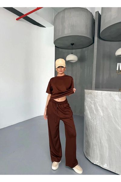 İpeksi Silky Osy Modal Soft Textured Fabric Short Sleeve Blouse Casual Pantalon Double Suit- Brown