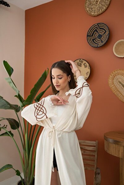 babatr.com Brown Print Detail Linen Cardigan