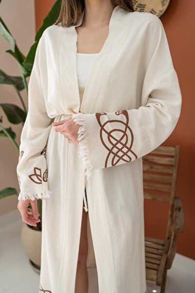 babatr.com Brown Print Detail Linen Cardigan