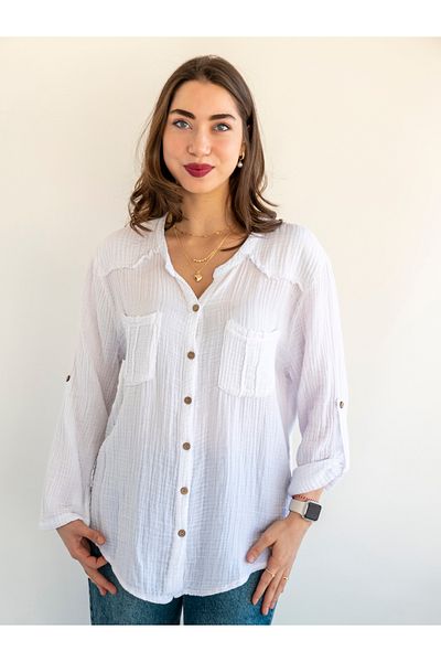 citycenterfashion Women's Size Fold Sleeve Mesi Blouse 100% Cotton Organic