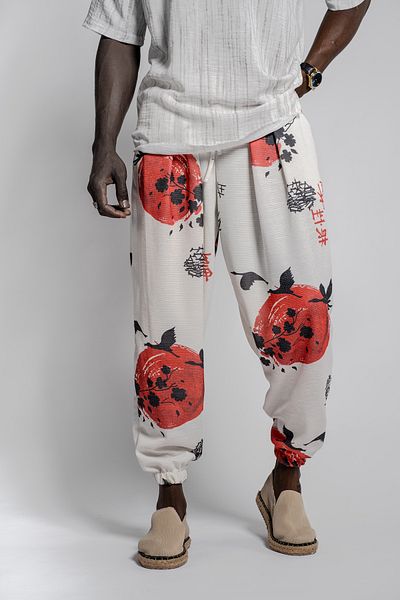 SUPERBLUE Men's Patterned Wrinkled Baggy Cream Baggy Trousers