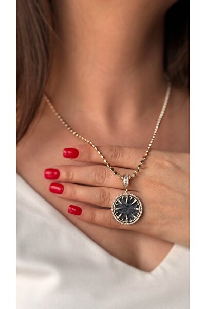 Soles 18 Ayar altın rengi rose siyah sedefli Çelik kolye uzunluk 50 cm