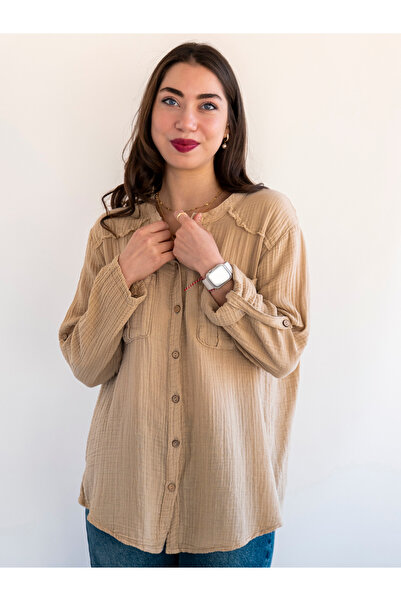 citycenterfashion بلوزة نسائية بأكمام قابلة للطي مصنوعة من القطن العضوي بنسبة 100%