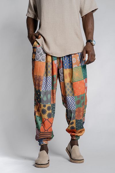 SUPERBLUE Men's Patterned Baggy Wrinkled Colorful Baggy Trousers