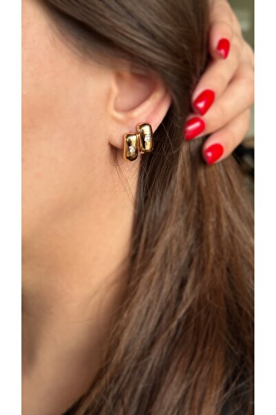 Soles 18 Ayar altın rengi rose taşlı trend Çelik küpe