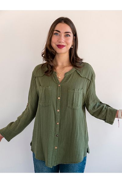 citycenterfashion Women's Size Fold Sleeve Mesi Blouse 100% Cotton Organic