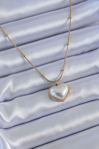 Clariss 316l Steel Gold Color Pearl Heart Model Minimal Ball Detail Women's Necklace