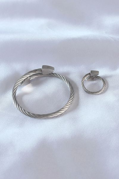 Clariss Steel Silver Color Twisted Model Men's Bracelet Ring Set