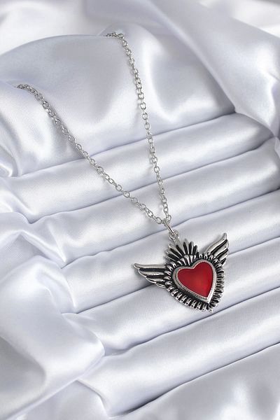 Clariss Silver Color Winged Red Heart Model Women's Necklace