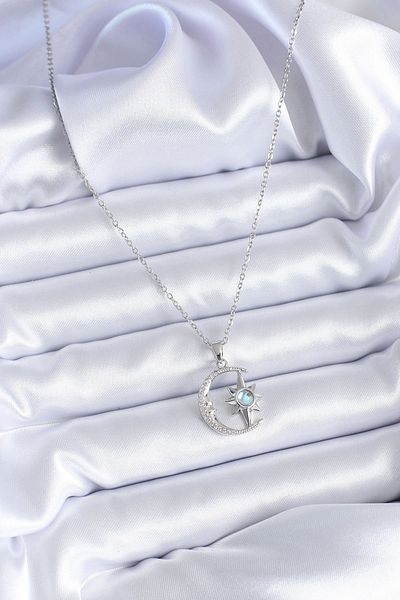 Clariss 316L Steel Silver Color Zircon Stone Crescent Star Model Women's Necklace