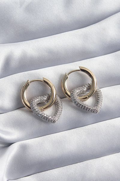 Clariss Brass Gold Color Ring Silver Zircon Stone Heart Model VIP Series Women's Earrings