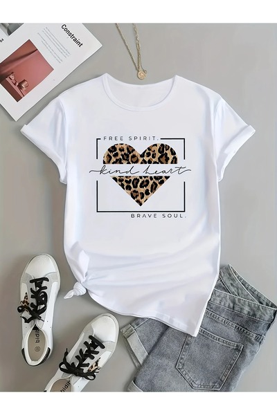 LAND MODA М'яка та зручна футболка з принтом леопардового серця - Повсякденна...