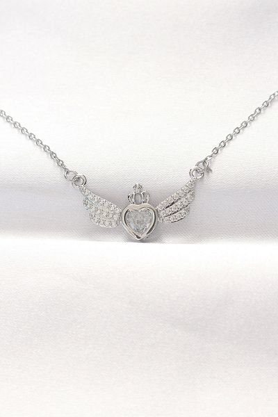 Clariss 316L Steel Silver Color Zircon Stone Heart Wing Necklace