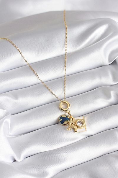 Clariss 316L Steel Gold Color Zircon Stone Photo Camera Airplane World Figured Women's Necklace