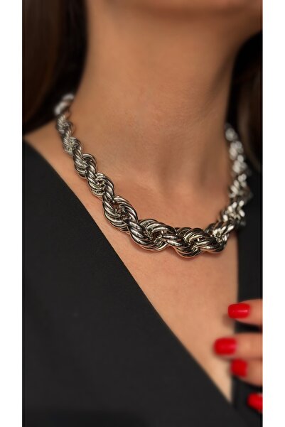 Soles 14 ayar beyaz altın rengi burgu zincir modeli Çelik kolye