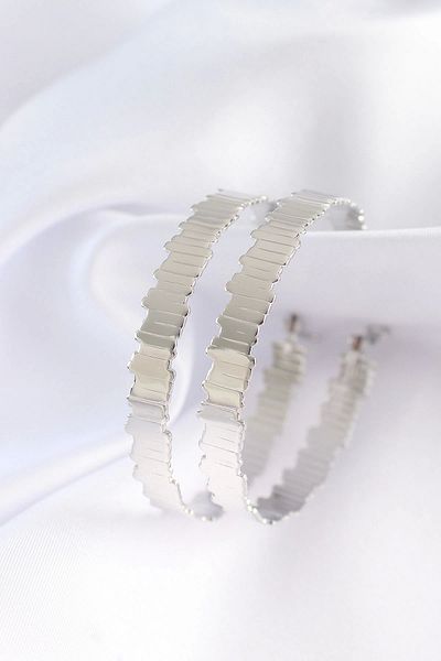 Clariss Brass Silver Color Serrated Hoop Earrings