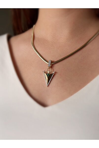 Soles 14 Ayar altın rengi balık sırtı üçken uç yeşil yaşlı Çelik kolye