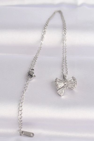 Clariss 316L Steel Chain Silver Color Zircon Stone Heart Detail Bow Necklace