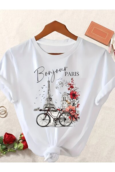 LAND MODA Tricou cu imprimeu grafic „Bonjour Paris” pentru femei - Tricou cas...