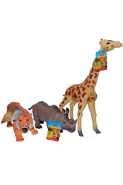 Johntoy Set 3 figurine din cauciuc animale salbatice, Girafa/Tigru/Hipopotam,...