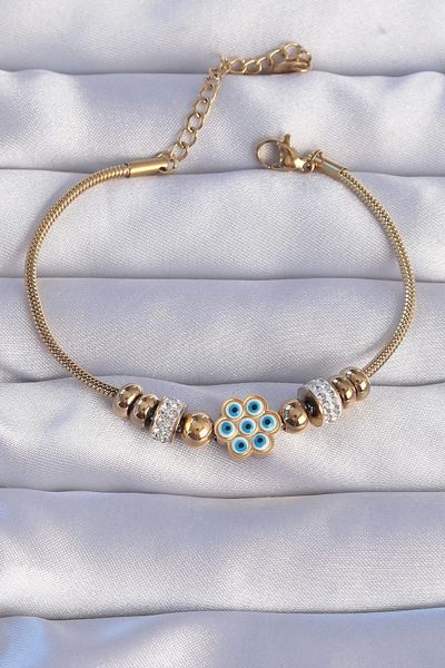 Clariss 316L Steel Gold Color Zircon Stone Evil Eye Flower Design Bracelet