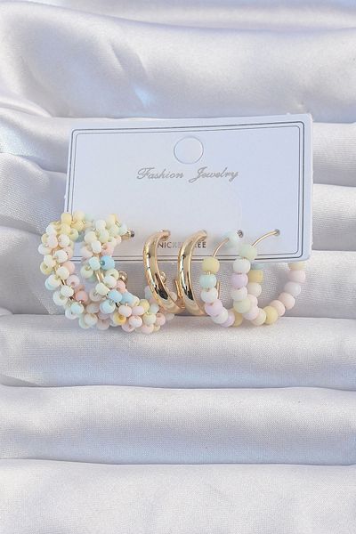Clariss Gold Color Soft Colored Beaded Hoop Earring Set