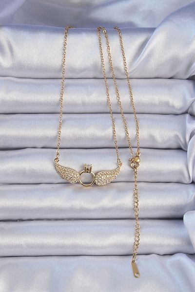 Clariss 316L Steel Chain Gold Color Winged Solitaire Necklace