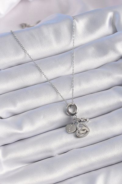 Clariss 316L Steel Silver Color Zircon Stone Detail Heart Model Charm Women's Necklace
