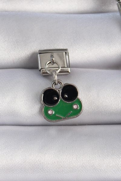 Clariss 316L Steel Silver Color Dangle Green Frog Figure Nomination Charm