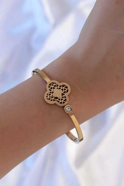 Clariss 316L Steel Gold Color Zircon Stone Glitter Clover Handcuffs