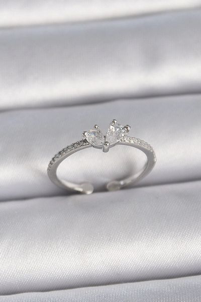 Clariss Brass Silver Color Adjustable Zircon Stone Heart Model Women's Ring