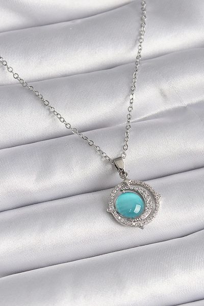 Clariss 316L Steel Silver Color Blue Pearlescent Crescent Model Women's Necklace