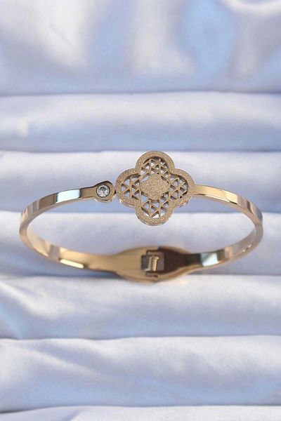 Clariss 316L Steel Gold Color Zircon Stone Glitter Clover Handcuffs