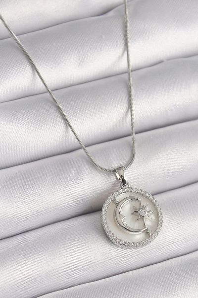 Clariss 316L Steel Silver Color Chain Zircon Stone Detailed White Pearlescent Moon Star Processing Women's Necklace