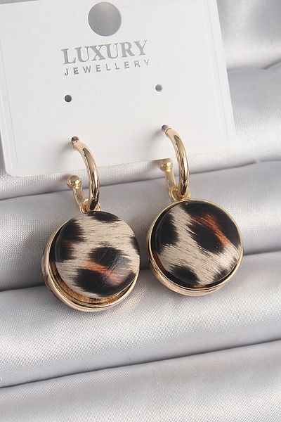 Clariss Brass Gold Color Leopard Print Circle Model Women's Earrings