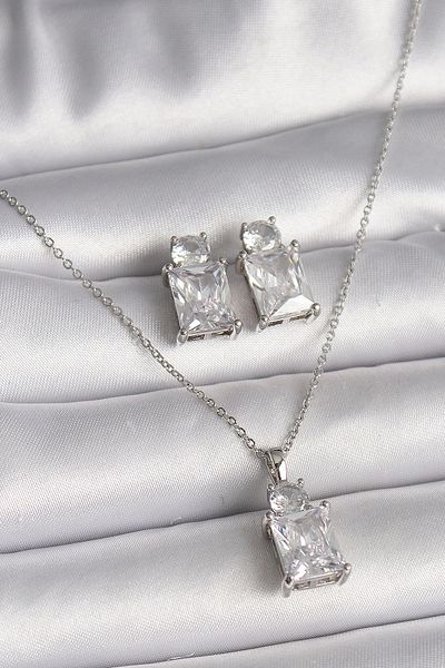 Clariss 316L Steel Silver Color Chain Square Zircon Stone Women Necklace Earrings Set