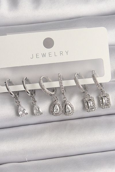 Clariss Brass Silver Color Dangle Zircon Stone Drop Model Women's Earring Set