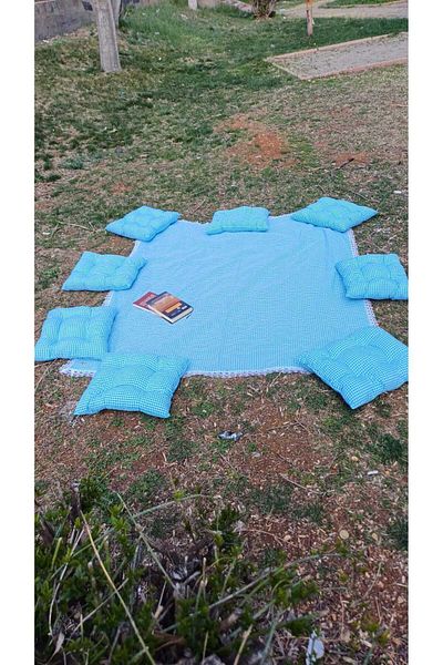 Marin Tasarım Evi Small Checkered Blue Picnic Cover Set 8 Pieces 40X40 Cushions 170X180 Table Cloth