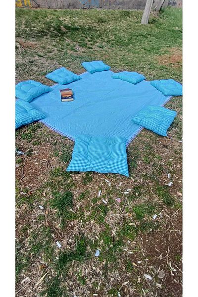 Marin Tasarım Evi Small Checkered Blue Picnic Cover Set 8 Pieces 40X40 Cushions 170X180 Table Cloth